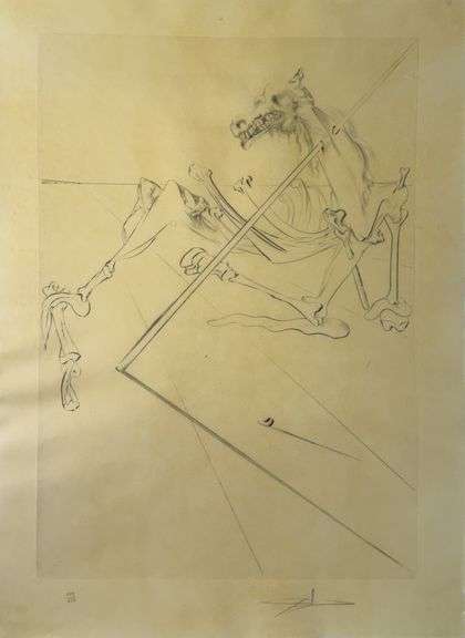 Rare Salvador Dali Pencil Signed Etching on Parchment Paper from 'Roi je t'attends à Babylone' suite