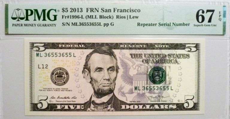 Superb Crisp 2013 $5 Note S.F. Fancy Repeater 36553655 PMG 67!