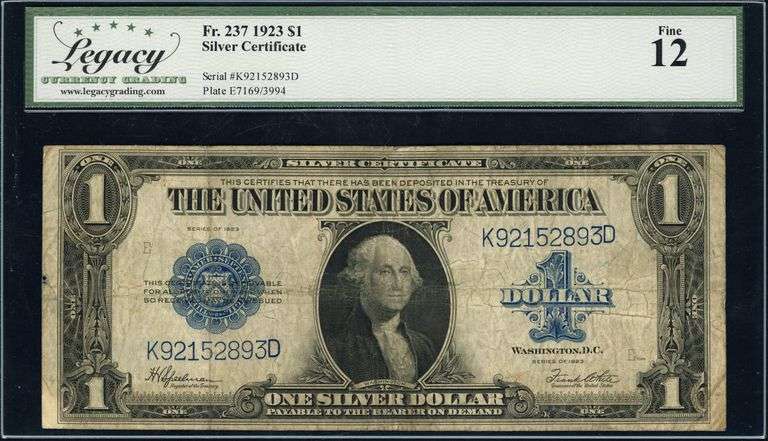 1923 $1 Silver Certificate Fr. 237 Legacy Currency Grading Fine 12 Large Size U.S. Note