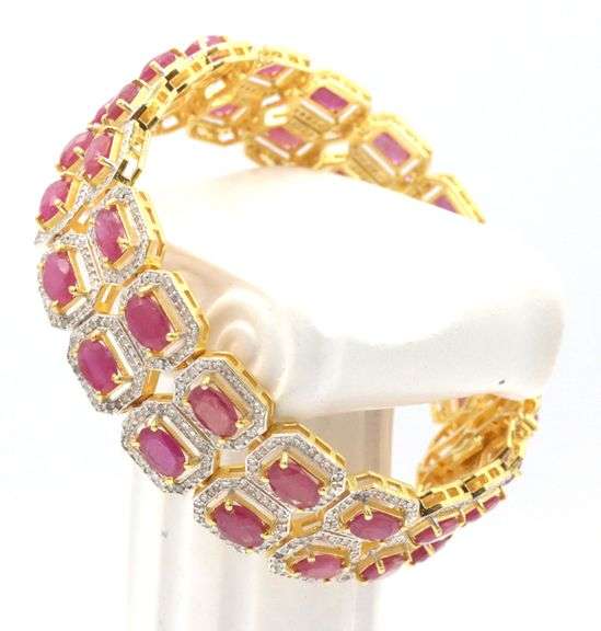 Gorgeous Brand New European 30.00CTW Emerald-Cut Ruby & 6.85 Diamond Bracelet in 14K Yellow Gold Ove