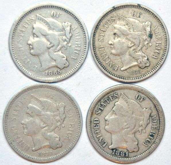 4 Different Three Cent Nickels: 1865-1881