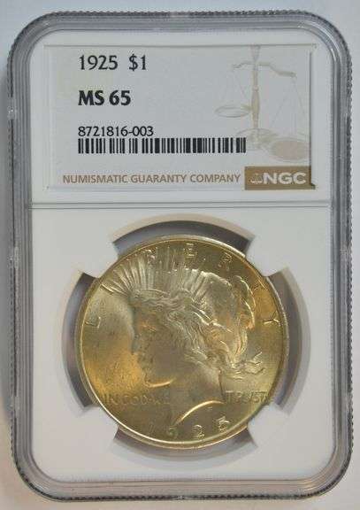Lovely solid Gem BU 1925 Peace Silver Dollar. NGC MS65