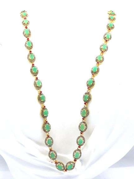 Fabulous Brand New European 17.00CTW Oval Cut Faceted Emerald, 3.5CTW Diamond & 1.75CTW Ruby Necklac