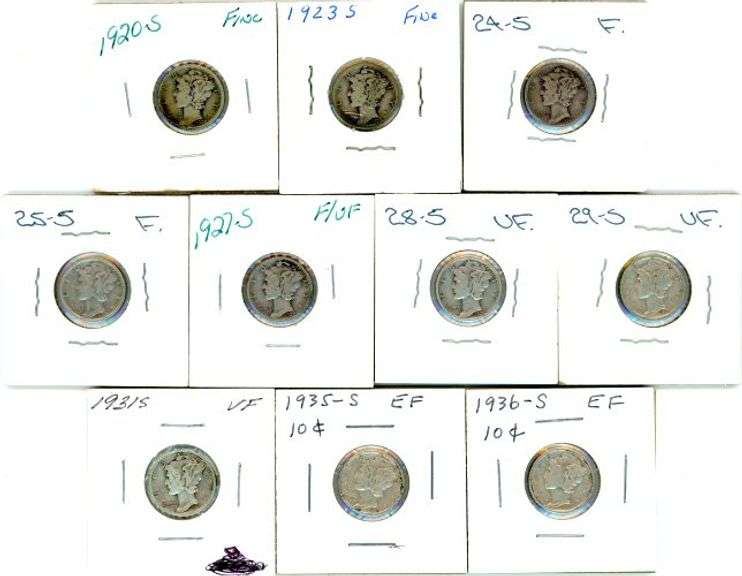 10 Different Mercury Silver Dimes from the San Francisco Mint