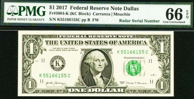 Superb Crisp 2017 $1 Note Dallas Fancy Radar 55166155 PMG 66!