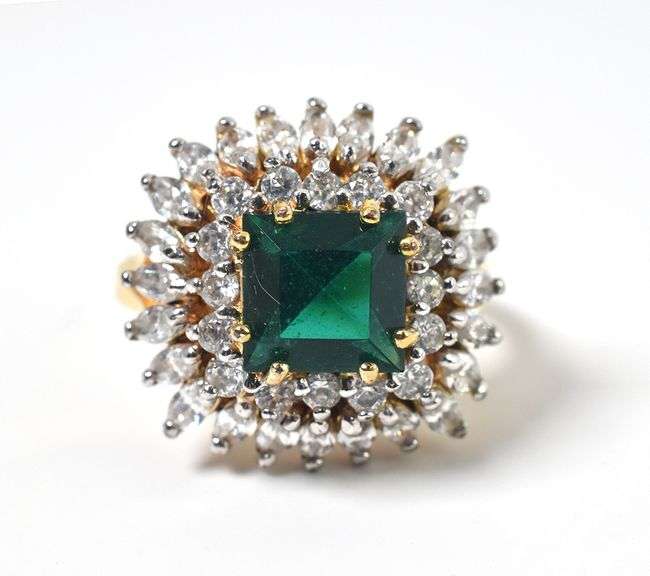 Vermeil Sterling Silver Synthetic Emerald Gemstone Ring with Cubic Zirconia Gemstone Accents