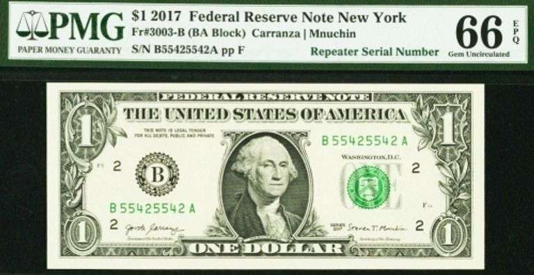 Superb Crisp 2017 $1 Note N.Y. Fancy Repeater 55425542 PMG 66!