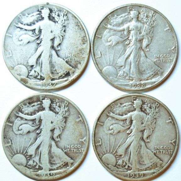 4 Different Walking Liberty Half Dollars: 1937-S, 1938, 1939-D, & 1939-S.