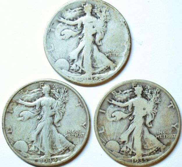 3 Different Walking Liberty Half Dollars: 1934-D, 1934-S, & 1935