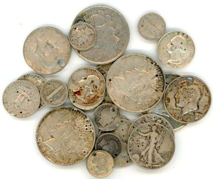 Bag of 7.37 Troy Ozs of 90% US Silver coinage, all with tiny holes.