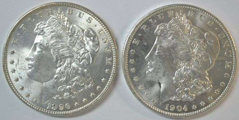 Blazing-white Choice BU 1896-P and 1904-O Morgan Silver Dollars