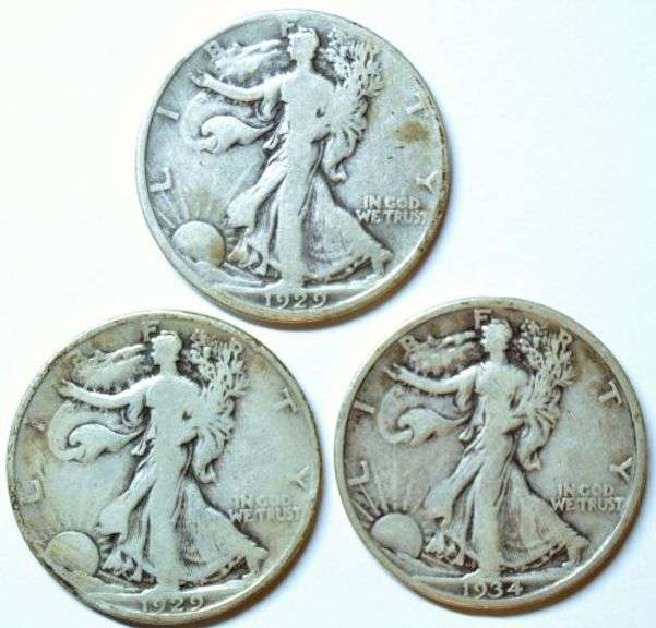 3 Different Walking Liberty Half Dollars: 1929-D, 1929-S, & 1934