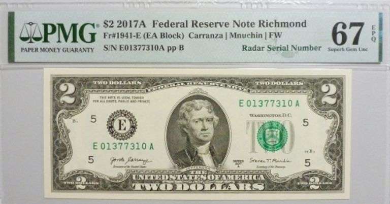 Superb Crisp 2017A $2 Note Richmond Fancy Radar Number 01377310 PMG 67!
