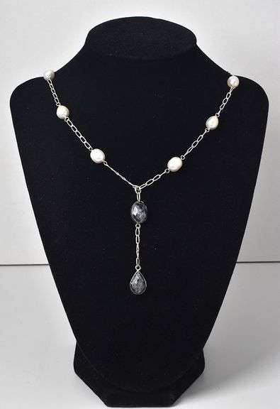 Sterling Silver Larvikite Gemstone Pendant Necklace with Pearl Accents
