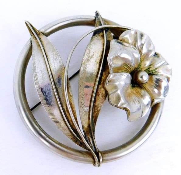Vintage Heavy Large Sterling Flower Brooch
