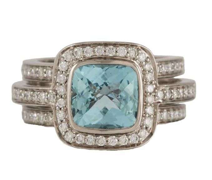 2.85ct Aquamarine and 0.66ctw Diamond Halo Three Row Ring in 18K