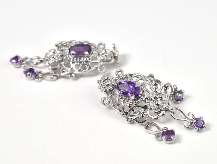 Gorgeous 14K White Gold Amethyst Gemstone Dangle Earrings