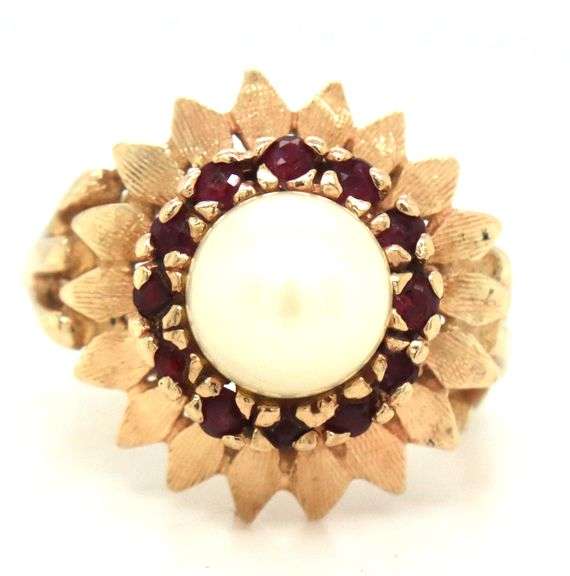 14kt Yellow gold 7.5-8MM pearl and ruby halo floral ring