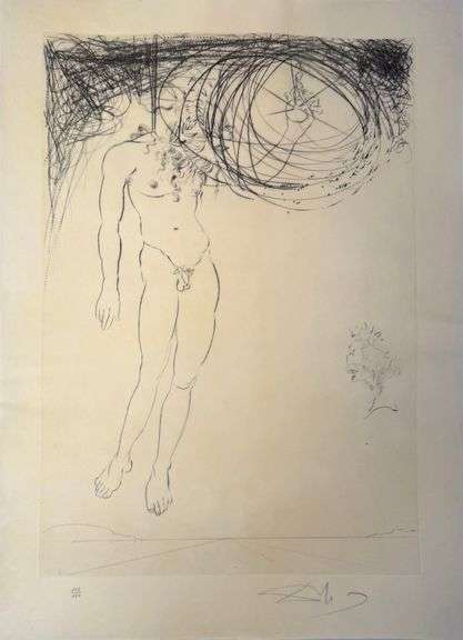 Rare Salvador Dali Pencil Signed Etching on Parchment Paper from 'Roi je t'attends à Babylone' suite
