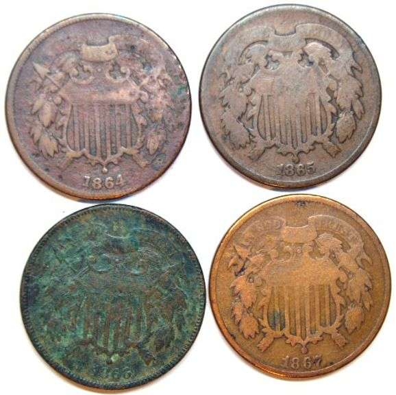 Run of 4 US Two Cent Pieces: 1864-1867