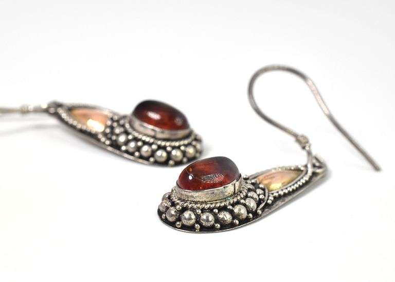 Sterling Silver Amber Gemstone Dangle Earrings