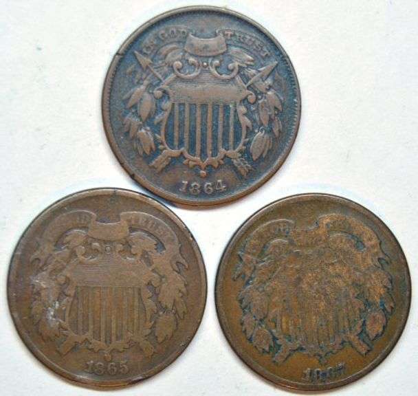 Three Different US Two Cent Pieces: 1864, 1865, 1867