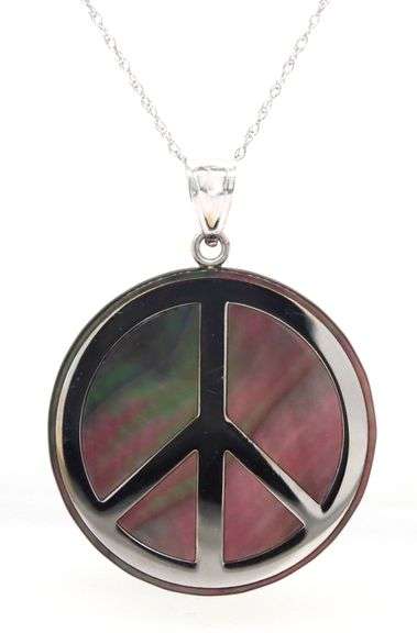 14kt White gold black MOP peace sign pendant on chain