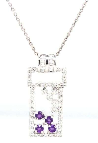 14kt White gold amethyst and diamond rectangle frame pendant on chain