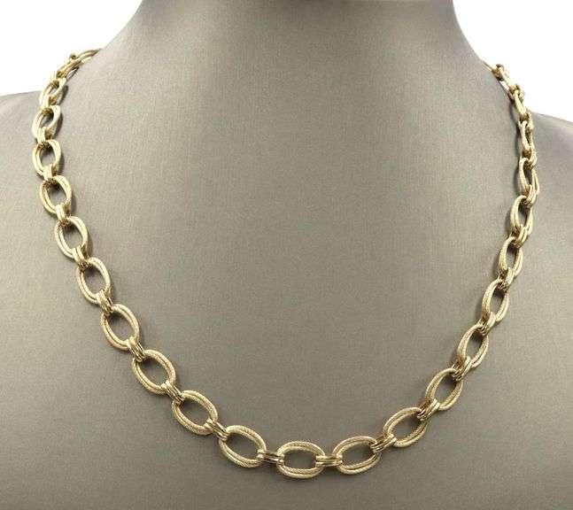 Textured & High Polish 14K YG Double Oval Link Necklace