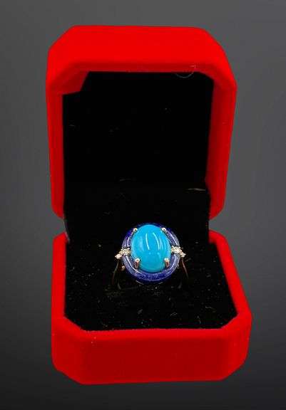 14kt Yellow gold oval turquoise lapis and diamond ring