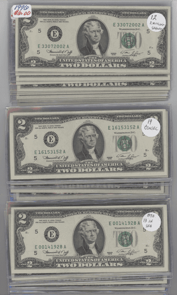 3 Diff. Sequential runs of Gem CU 1976 Series $2 Bills: 19, 13 and 12 (missing 2 in sequence)