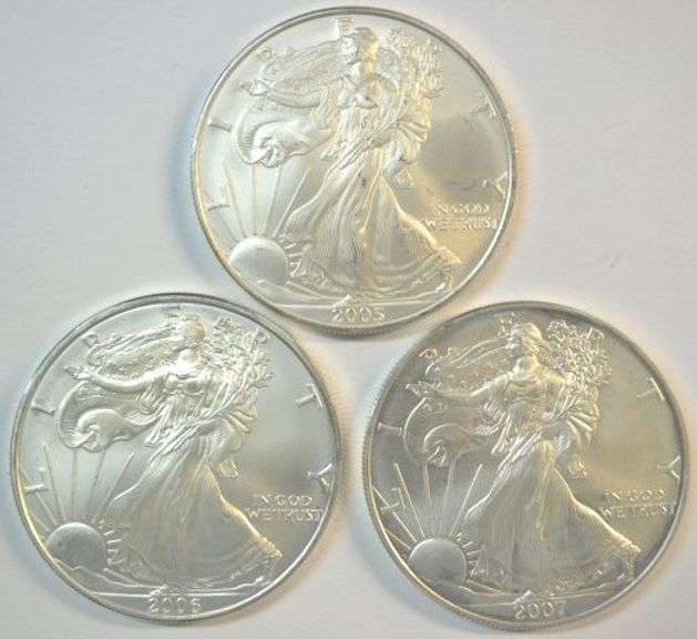 3 Superb Gem BU $1 American Silver Eagles: 2005, 2006, & 2007