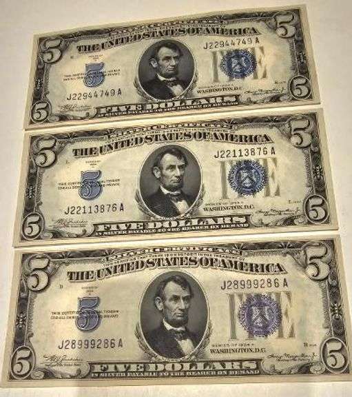 3 Choice Uncirculated 1934 A $5 Silver Certificates