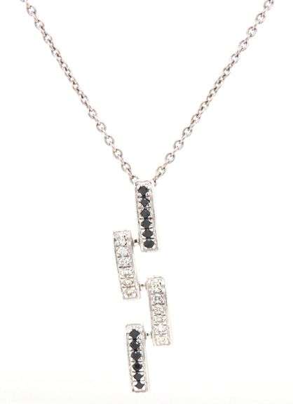 14kt White gold black and white diamond bar style pendant necklace