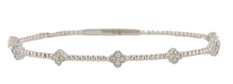 New 0.47ctw Diamond Milgrain Clover Station Beaded Flex Bangle Bracelet in 14K