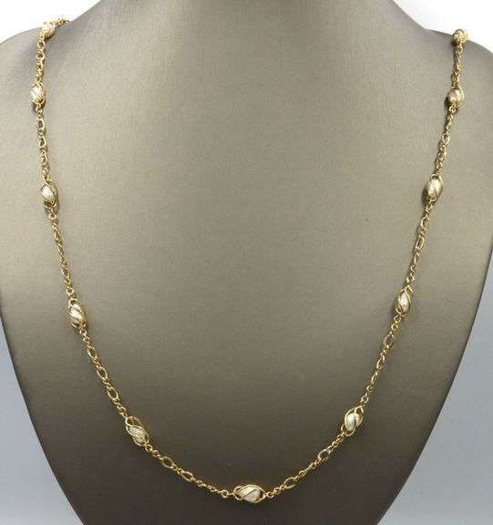14kt Yellow gold Spiral wire Cage Baroque pearl station necklace