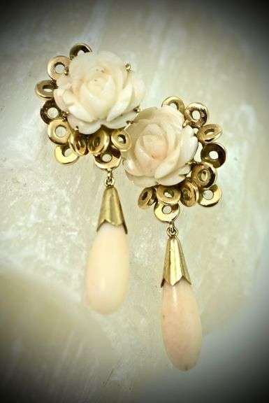 Gorgeous Estate 14K Carved Coral Dangle Earrings