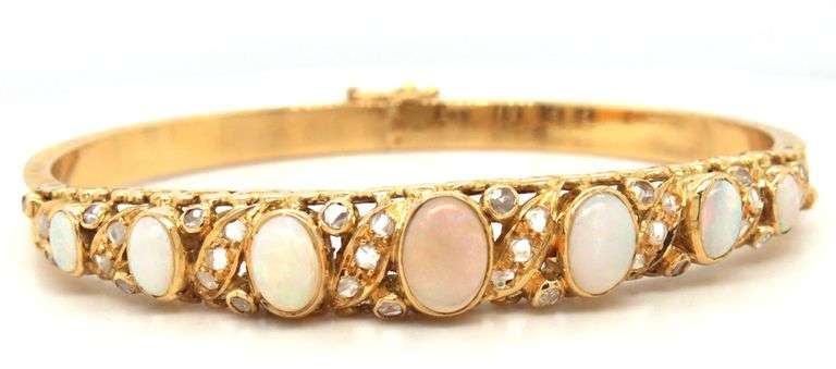Estate 18K YG Opal & Rose Cut Diamond Bangle
