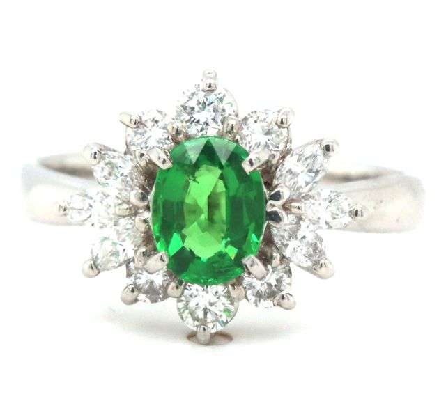 Gorgeous Platinum Ring with Tsavorite Gatnet abd Diamonds