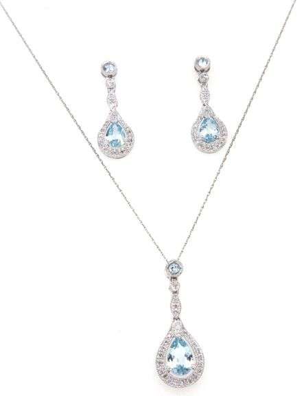 Feminine 14K WG Aquamarine Earring and Pendant Suite
