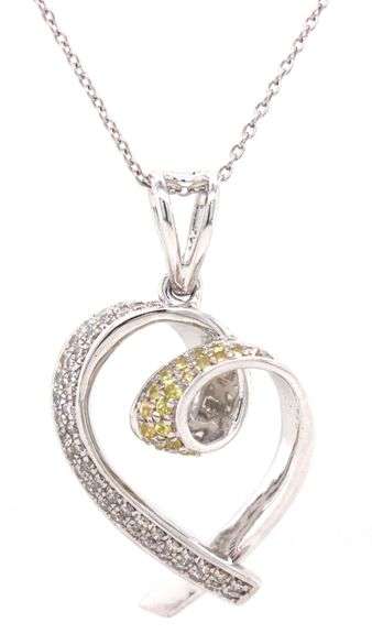 14kt White gold diamond and Yellow sapphire open heart pendant on chain