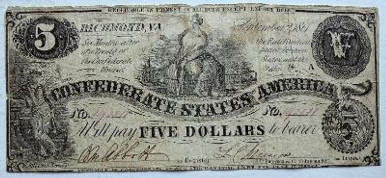 Sept 2 1861 Early CSA $5 Series Note.