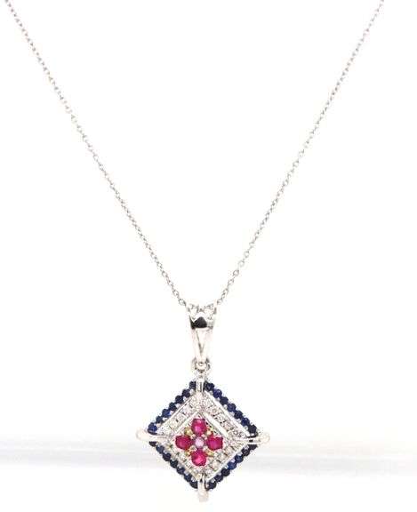 14kt White gold diamond and multi sapphire and ruby square pendant on chain