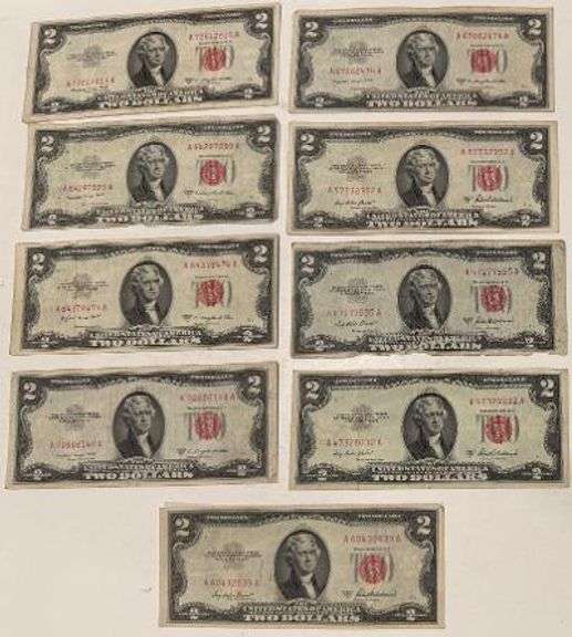 9 1953A &B $2 Red Seal US Notes.