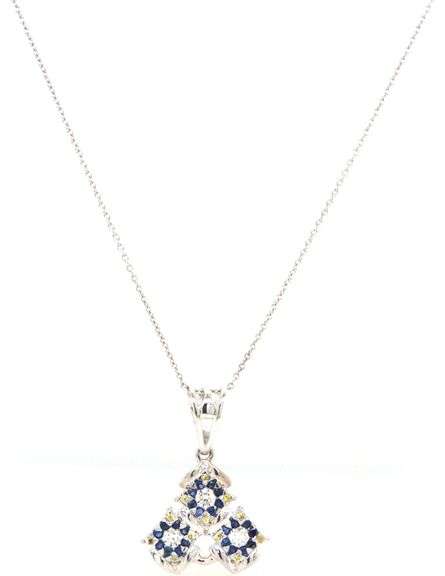 14kt White gold diamond and sapphire triple square pendant on chain