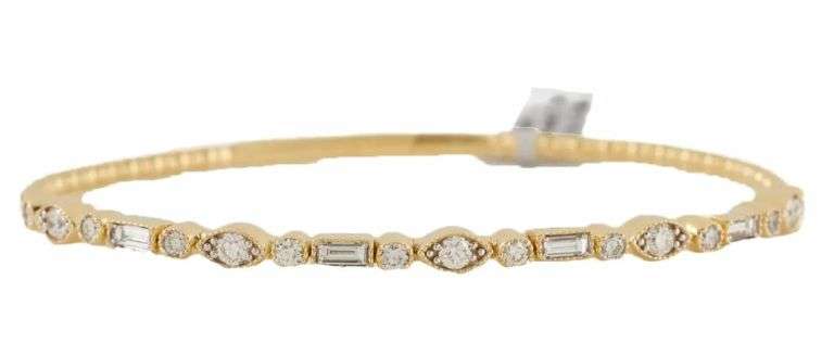 New 1.07ctw Diamond Alternating Milgrain Bezel Set Beaded Flex Bangle Bracelet in 14K
