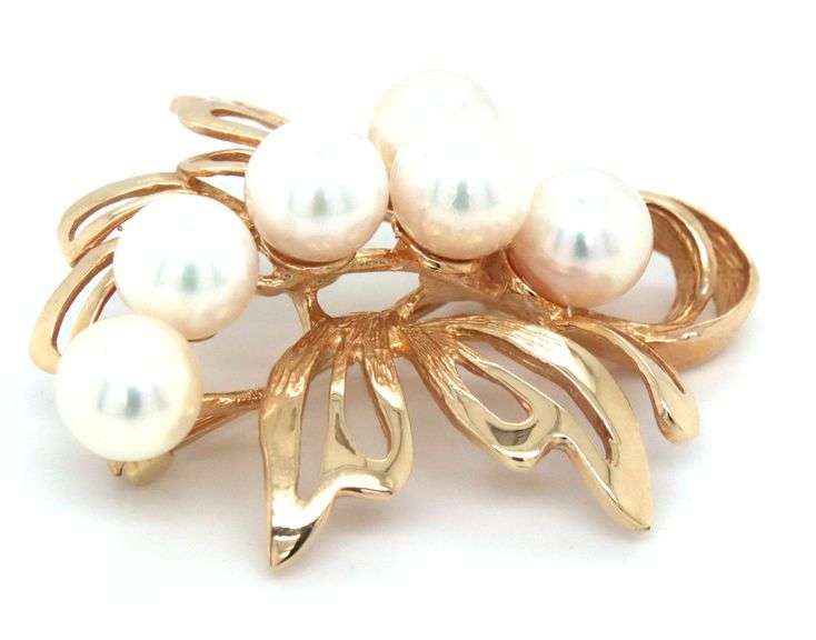 14kt Yellow gold 6-6.5mm Pearl cluster flower brooch