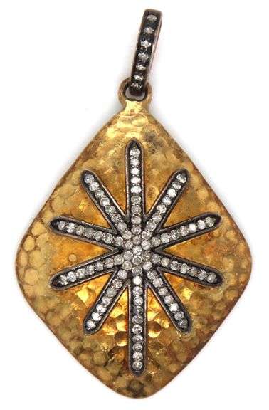 Hammered Starburst pave diamond pendant in yellow gold plated and sterling silver