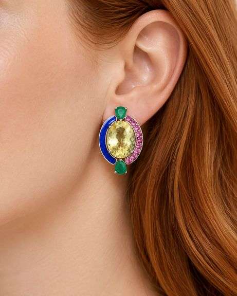 Dreamy 1.05CTW Pear Shaped Faceted  Emerald, 8.52Aquamarine, 0.33CTW Tourmaline & Enamel in Sterling