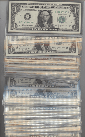 Super lot of 66 BARR Gem CU Series of 1963-B $1 Federal Reserve Notes